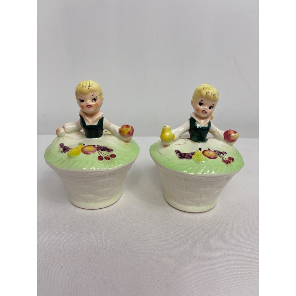 Vintage Ucagco Japan Blonde Girl Fruit Basket Salt and Pepper Shakers Set